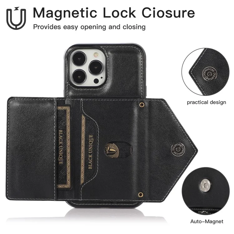 For iPhone 16 Pro Max Cell Phone Case Triangle Lid Card Bag Leather + TPU Cover with Long Strap - Black