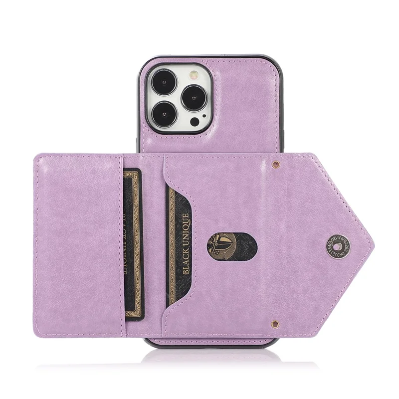 For iPhone 16 Pro Max Cell Phone Case Triangle Lid Card Bag Leather + TPU Cover with Long Strap - Purple