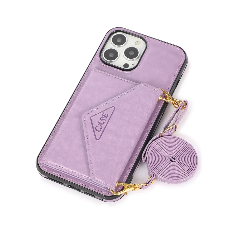 For iPhone 16 Pro Max Cell Phone Case Triangle Lid Card Bag Leather + TPU Cover with Long Strap - Purple