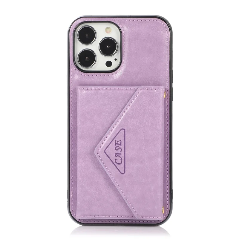 For iPhone 16 Pro Max Cell Phone Case Triangle Lid Card Bag Leather + TPU Cover with Long Strap - Purple