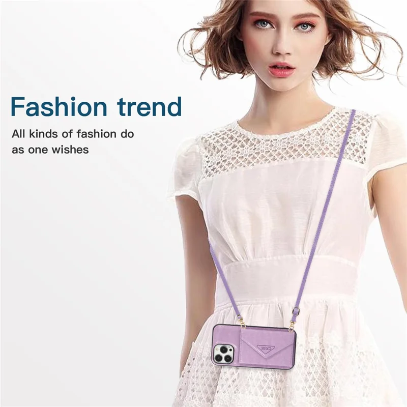 For iPhone 16 Pro Max Cell Phone Case Triangle Lid Card Bag Leather + TPU Cover with Long Strap - Purple
