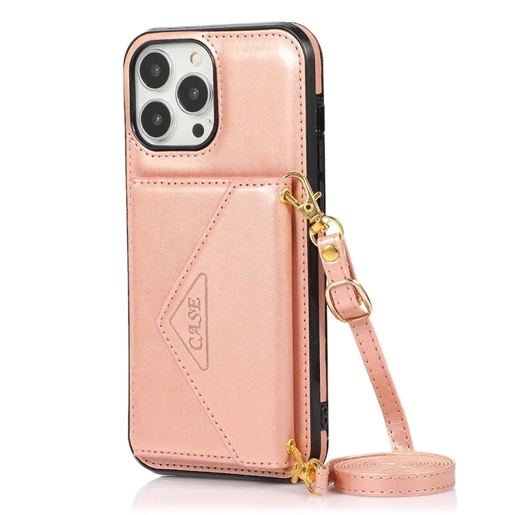 For iPhone 16 Pro Cell Phone Case Triangle Lid Card Bag Leather + TPU Cover with Long Strap - Rose Gold