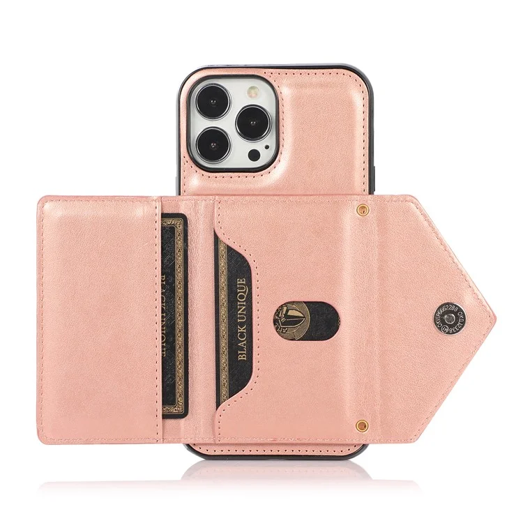 For iPhone 16 Pro Cell Phone Case Triangle Lid Card Bag Leather + TPU Cover with Long Strap - Rose Gold