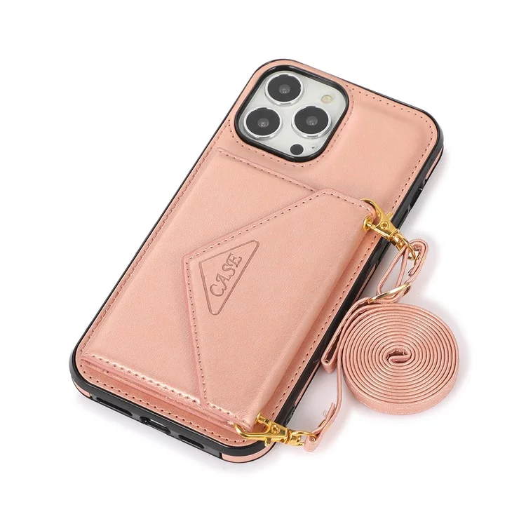For iPhone 16 Pro Cell Phone Case Triangle Lid Card Bag Leather + TPU Cover with Long Strap - Rose Gold