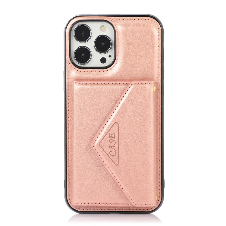 For iPhone 16 Pro Cell Phone Case Triangle Lid Card Bag Leather + TPU Cover with Long Strap - Rose Gold