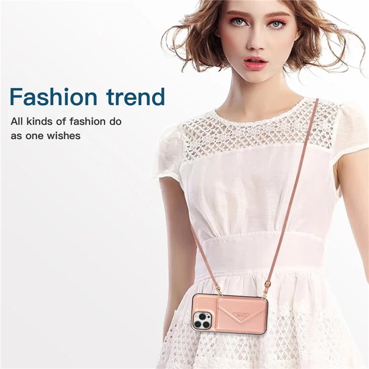 For iPhone 16 Pro Cell Phone Case Triangle Lid Card Bag Leather + TPU Cover with Long Strap - Rose Gold