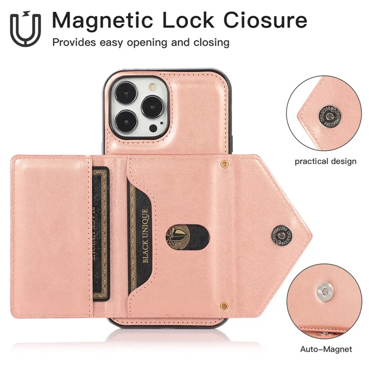 For iPhone 16 Pro Cell Phone Case Triangle Lid Card Bag Leather + TPU Cover with Long Strap - Rose Gold