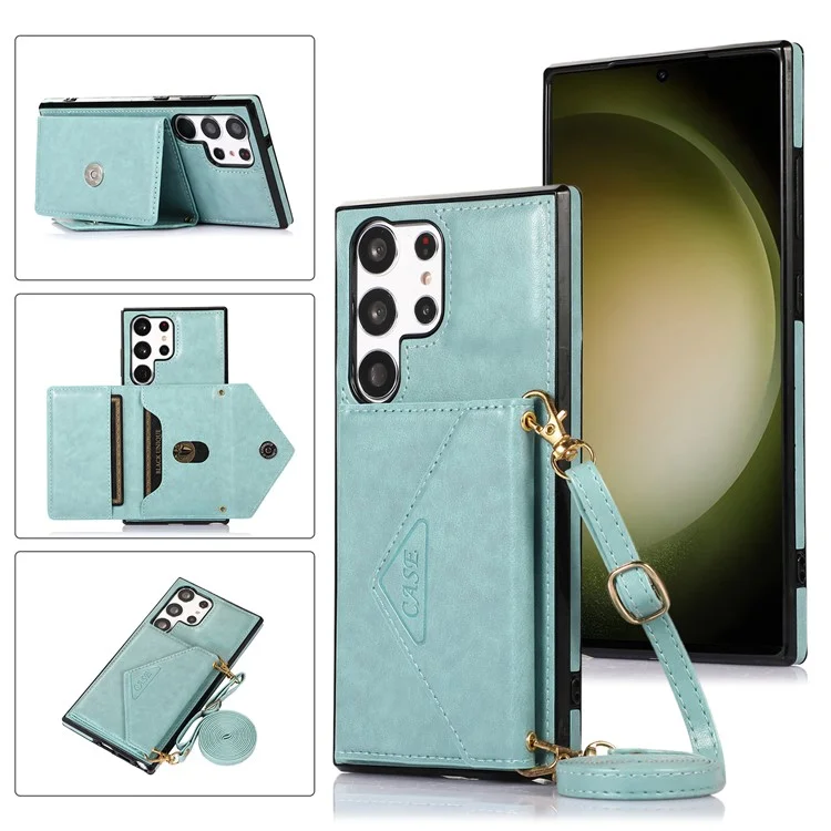 For Samsung Galaxy S25 Ultra Cell Phone Case Triangle Lid Card Bag Leather + TPU Cover with Long Strap - Green