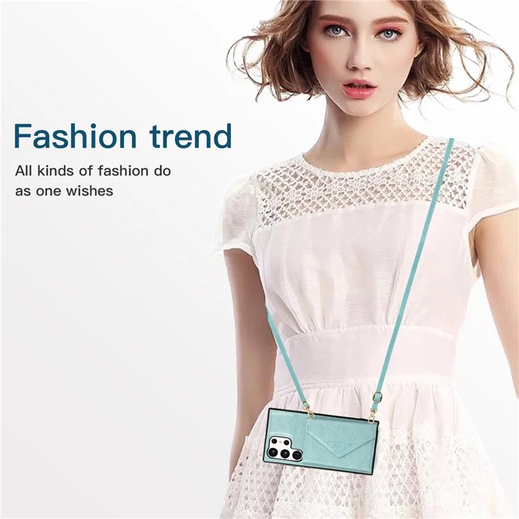 For Samsung Galaxy S25 Ultra Cell Phone Case Triangle Lid Card Bag Leather + TPU Cover with Long Strap - Green
