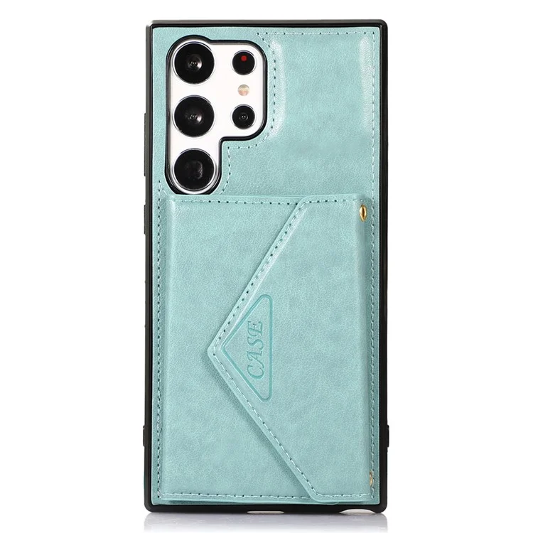 For Samsung Galaxy S25 Ultra Cell Phone Case Triangle Lid Card Bag Leather + TPU Cover with Long Strap - Green