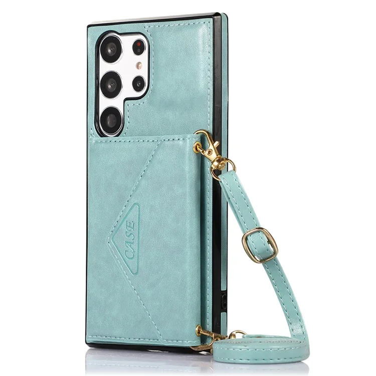 For Samsung Galaxy S25 Ultra Cell Phone Case Triangle Lid Card Bag Leather + TPU Cover with Long Strap - Green