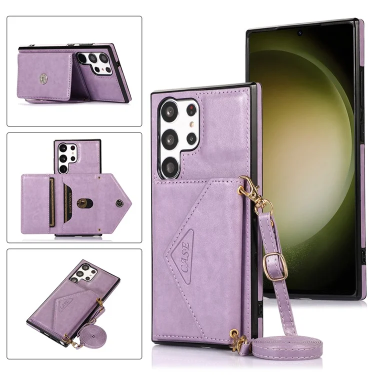 For Samsung Galaxy S24 Ultra Cell Phone Case Triangle Lid Card Bag Leather + TPU Cover with Long Strap - Purple