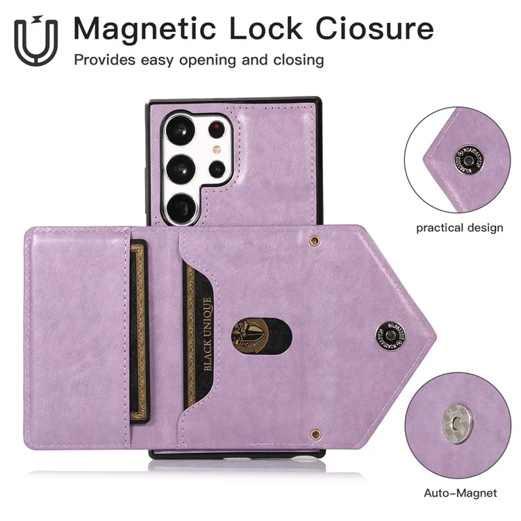For Samsung Galaxy S24 Ultra Cell Phone Case Triangle Lid Card Bag Leather + TPU Cover with Long Strap - Purple