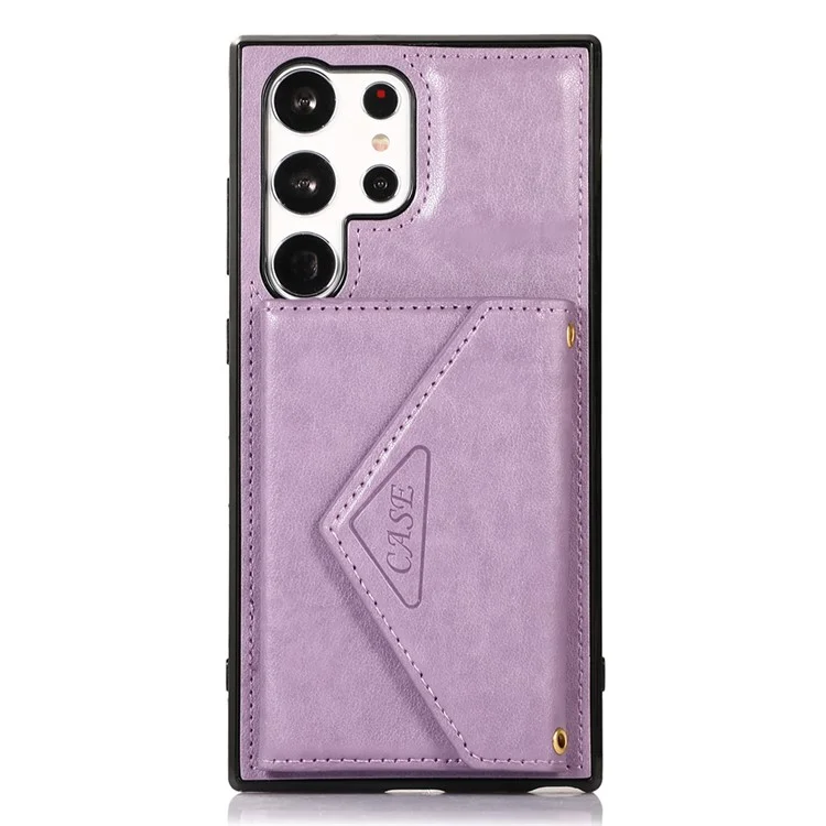 For Samsung Galaxy S24 Ultra Cell Phone Case Triangle Lid Card Bag Leather + TPU Cover with Long Strap - Purple