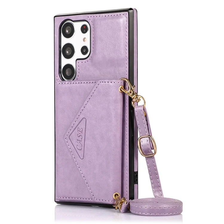 For Samsung Galaxy S24 Ultra Cell Phone Case Triangle Lid Card Bag Leather + TPU Cover with Long Strap - Purple