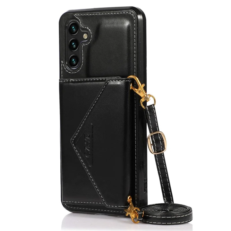 For Samsung Galaxy A26 5G Cell Phone Case Triangle Lid Card Bag Leather + TPU Cover with Long Strap - Black