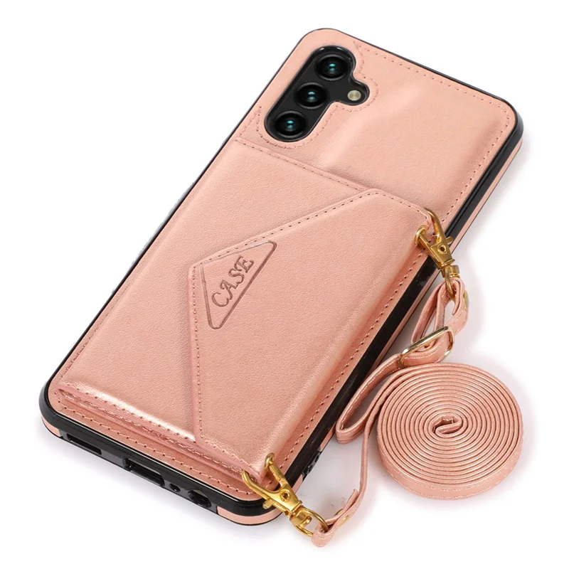 For Samsung Galaxy A36 5G Cell Phone Case Triangle Lid Card Bag Leather + TPU Cover with Long Strap - Rose Gold