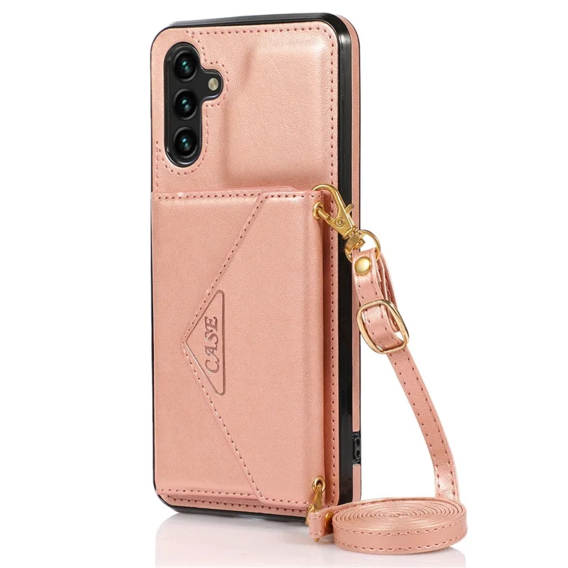 For Samsung Galaxy A36 5G Cell Phone Case Triangle Lid Card Bag Leather + TPU Cover with Long Strap - Rose Gold