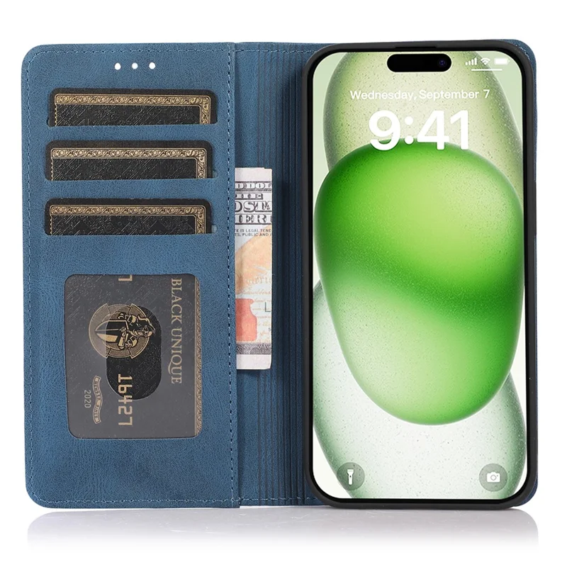 For iPhone 16 Case Wallet Magnetic Closing Leather Flip Phone Cover - Blue