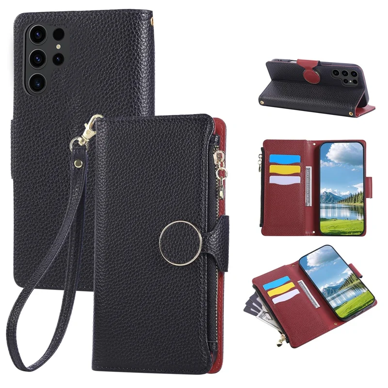 For Samsung Galaxy S24 Ultra Case Zipper Wallet Leather Phone Cover with Wrist Strap - Black