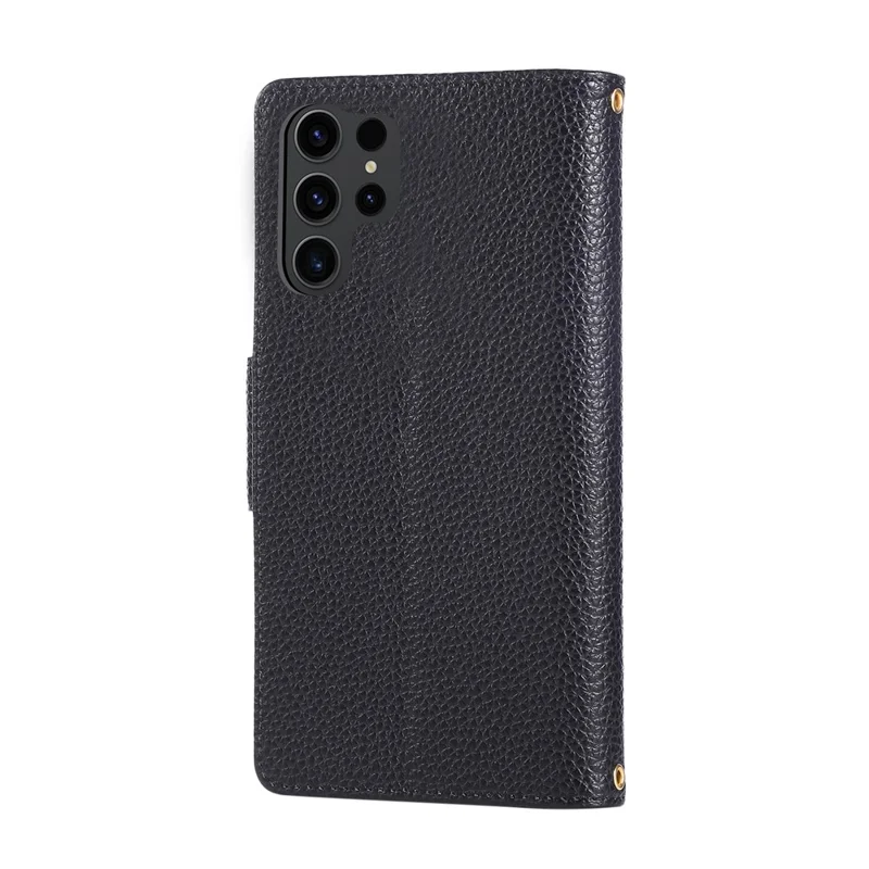 For Samsung Galaxy S24 Ultra Case Zipper Wallet Leather Phone Cover with Wrist Strap - Black
