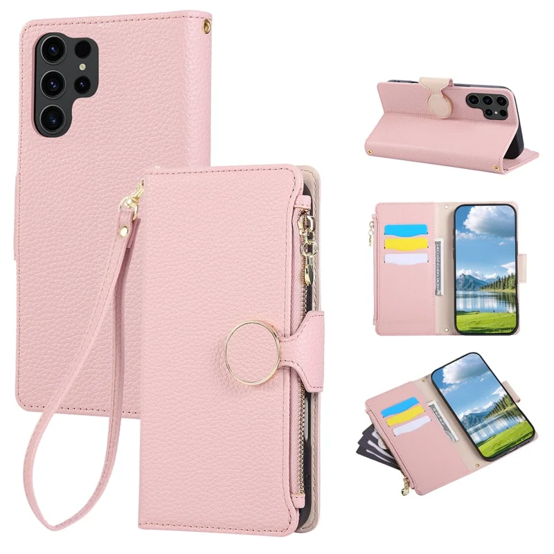 For Samsung Galaxy  S25 Ultra Case Zipper Wallet Leather Phone Cover with Wrist Strap - Pink