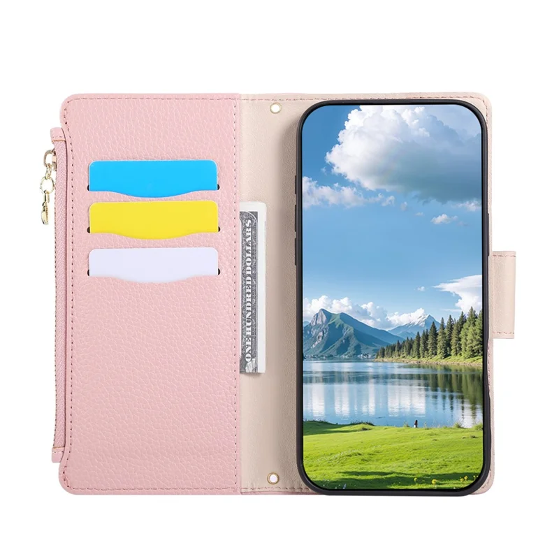 For Samsung Galaxy  S25 Ultra Case Zipper Wallet Leather Phone Cover with Wrist Strap - Pink