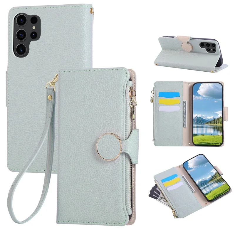 For Samsung Galaxy  S25 Ultra Case Zipper Wallet Leather Phone Cover with Wrist Strap - Cyan