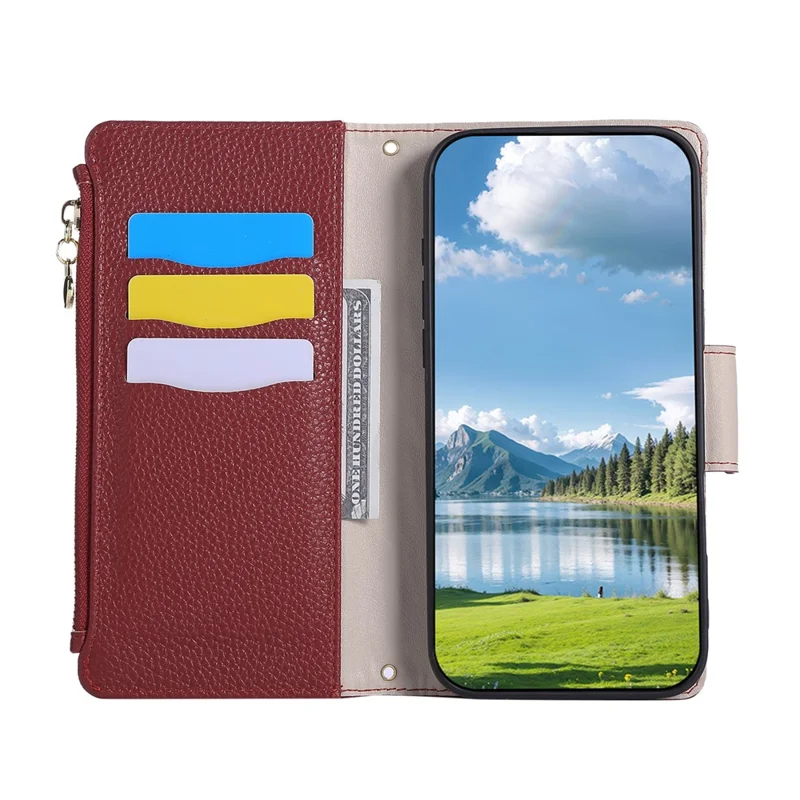 For Samsung Galaxy A25 5G (Global) (161.0mm) Case Zipper Wallet Leather Phone Cover with Wrist Strap - Wine Red