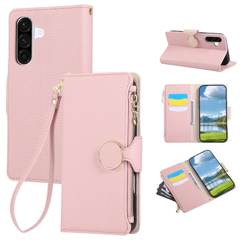 For Samsung Galaxy A35 5G Case Zipper Wallet Leather Phone Cover with Wrist Strap - Pink