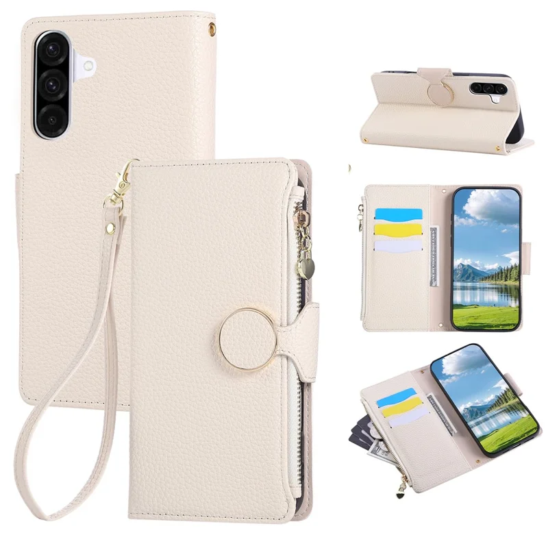 For Samsung Galaxy A35 5G Case Zipper Wallet Leather Phone Cover with Wrist Strap - Beige