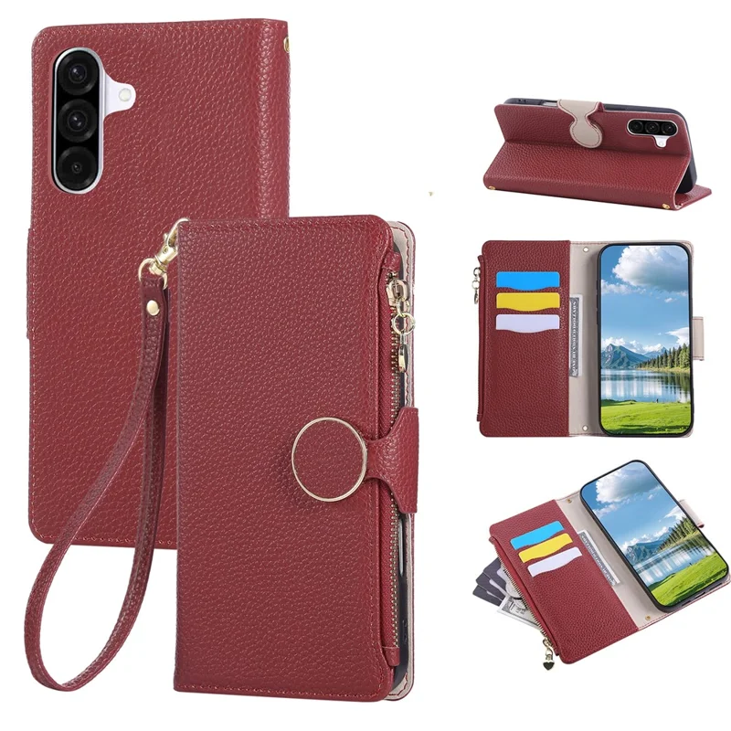 For Samsung Galaxy A55 5G Case Zipper Wallet Leather Phone Cover with Wrist Strap - Wine Red