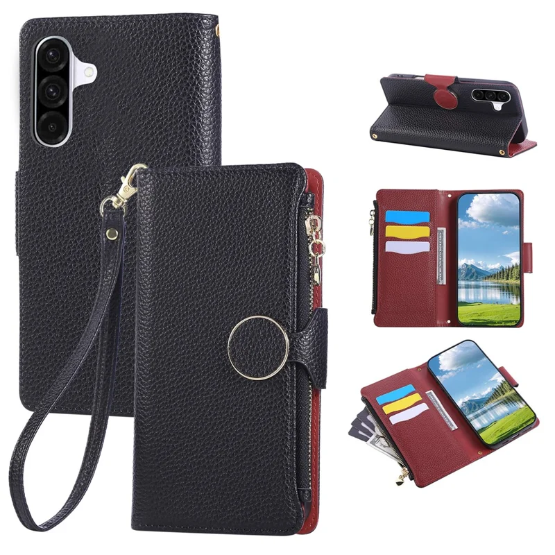 For Samsung Galaxy A16 4G / 5G / A26 5G Case Zipper Wallet Leather Phone Cover with Wrist Strap - Black