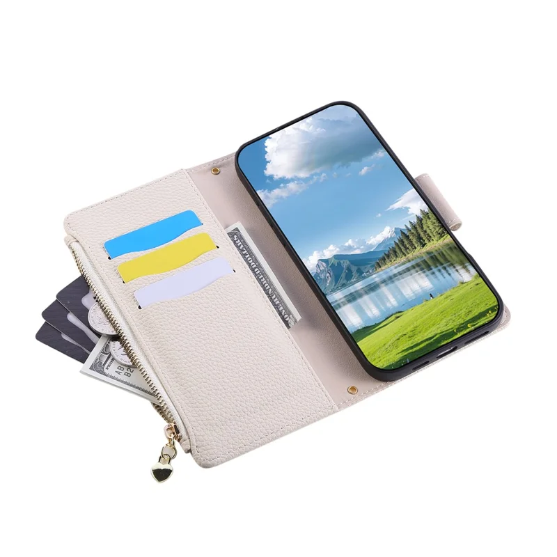 For Samsung Galaxy A36 5G Case Zipper Wallet Leather Phone Cover with Wrist Strap - Beige