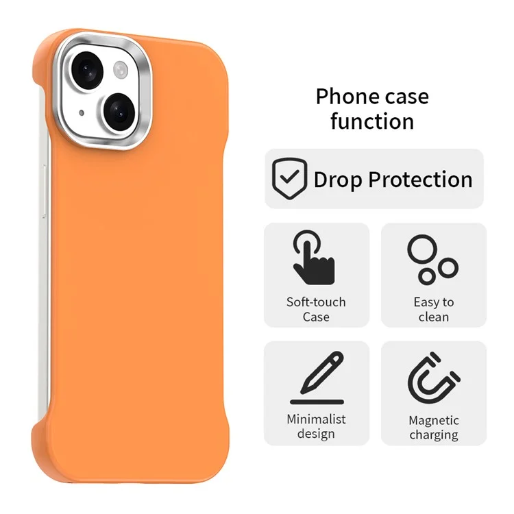 For iPhone 15 Plus / 14 Plus Magnetic Case Frameless Ultra Thin TPU + PET Phone Cover Reinforced Corners - Orange