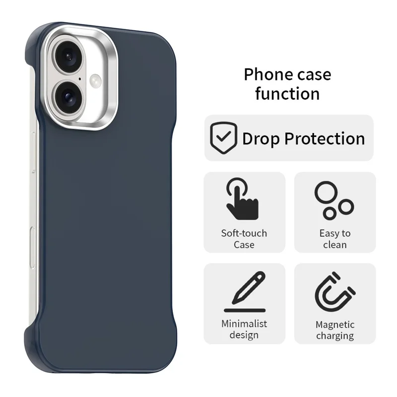 For iPhone 16 Case Frameless Ultra Thin TPU + PET Phone Cover Reinforced Corners - Blue