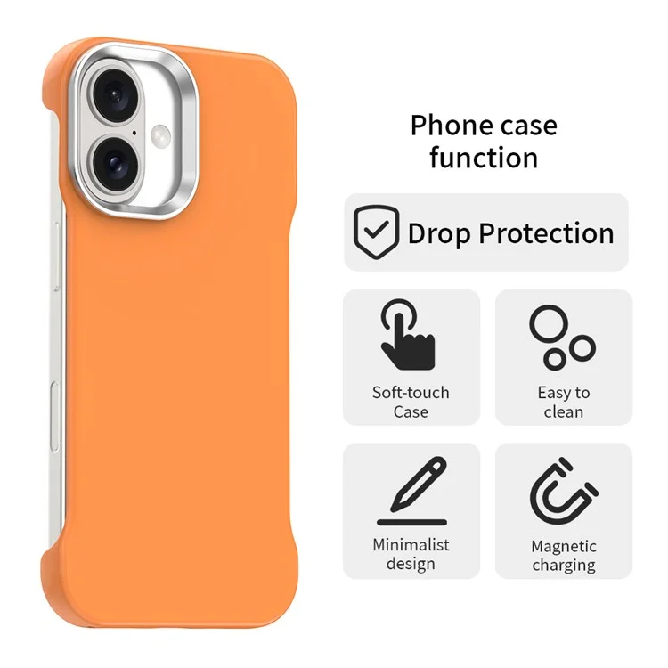 For iPhone 16 Plus Magnetic Case Frameless Ultra Thin TPU + PET Phone Cover Reinforced Corners - Orange
