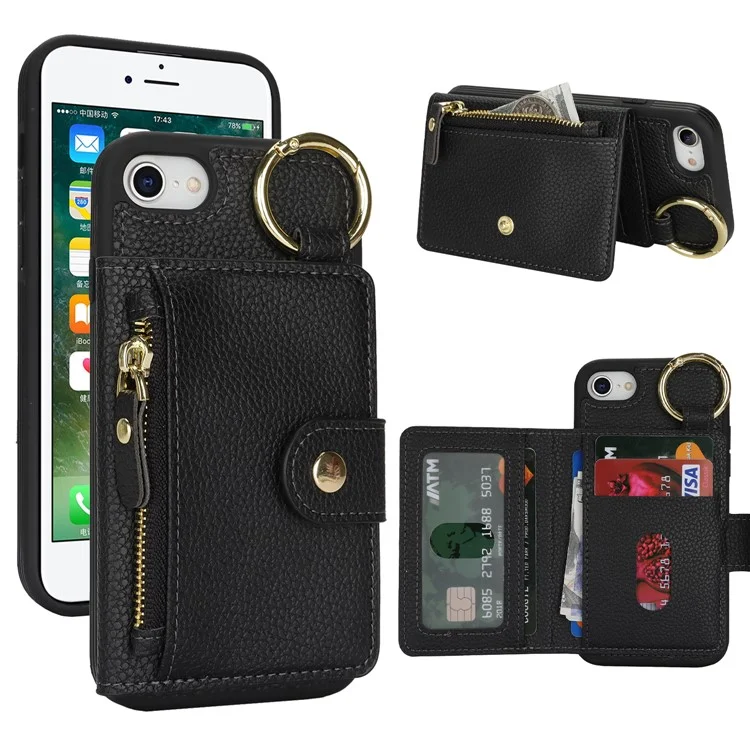 For iPhone SE (2022) / (2020) / 8 / 7 Case Litchi Textured PU Leather + TPU Kickstand Phone Cover with Card Slot - Black