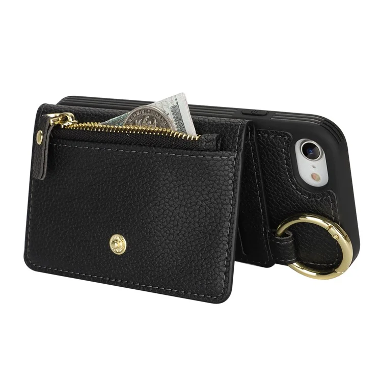 For iPhone SE (2022) / (2020) / 8 / 7 Case Litchi Textured PU Leather + TPU Kickstand Phone Cover with Card Slot - Black
