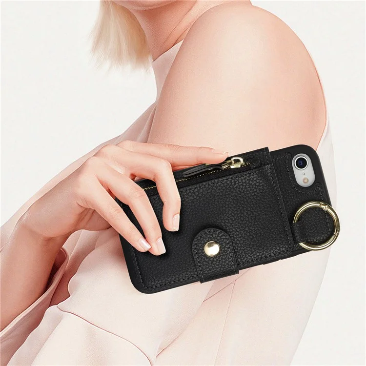 For iPhone SE (2022) / (2020) / 8 / 7 Case Litchi Textured PU Leather + TPU Kickstand Phone Cover with Card Slot - Black