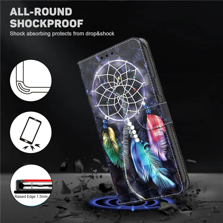 For Samsung Galaxy S23 3D Pattern Printing Anti-scratch Stand Case PU Leather Drop-proof Phone Wallet Cover with Strap - Dream Catcher
