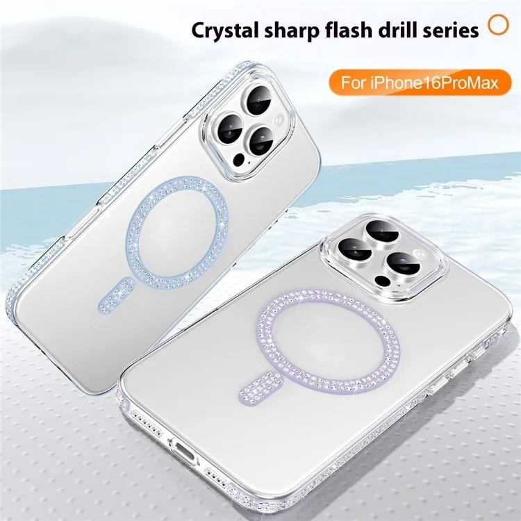 For iPhone 16 Pro Max Magnetic Case TPU + Acrylic Phone Back Cover Rhinestone Decor - Silver