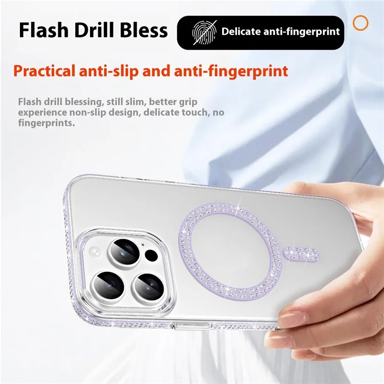 For iPhone 16 Pro Max Magnetic Case TPU + Acrylic Phone Back Cover Rhinestone Decor - Silver