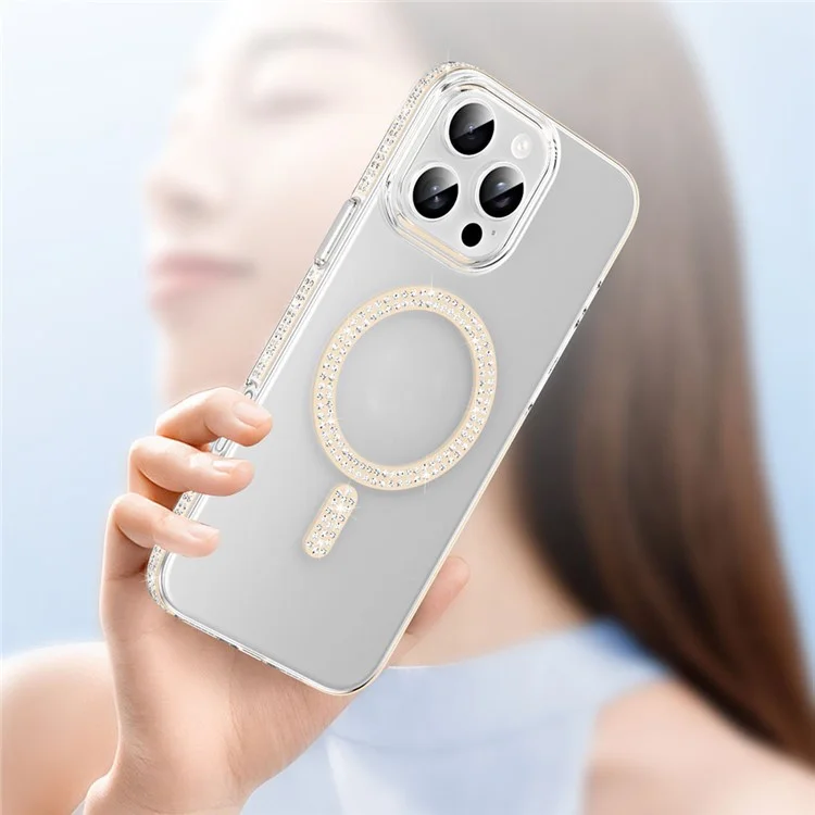 For iPhone 16 Pro Max Magnetic Case TPU + Acrylic Phone Back Cover Rhinestone Decor - Silver