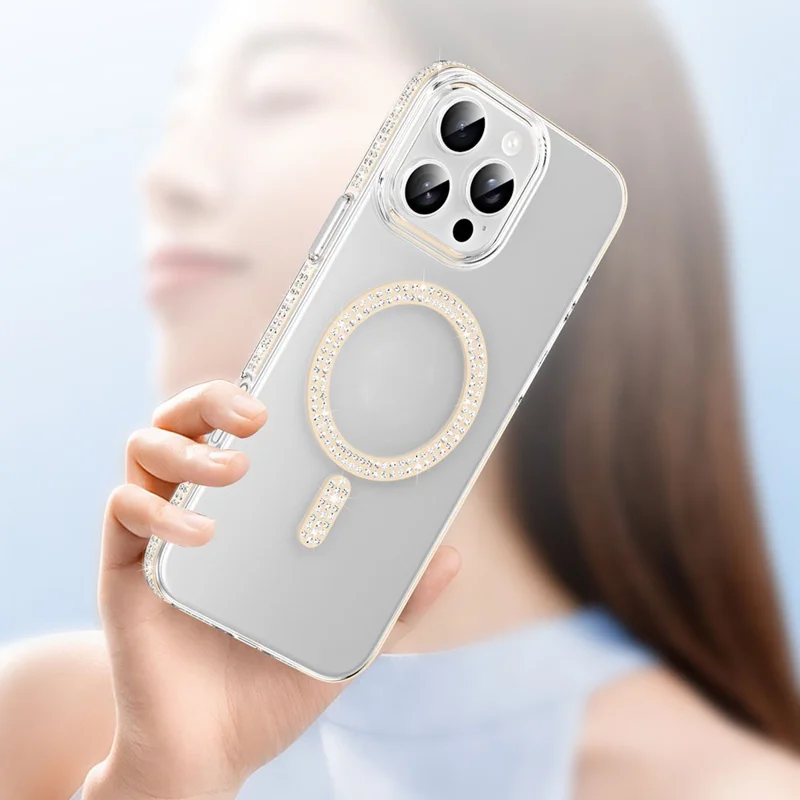 Pour iPhone 16 Pro Étui Magnétique TPU + Coque Arrière en Acrylique Décorée de Strass - Argent