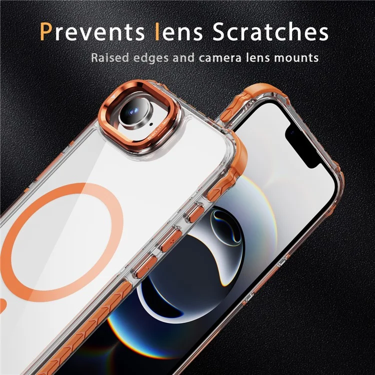 Étui de téléphone transparent pour iPhone 16e avec support d'objectif et compatible avec MagSafe - Orange