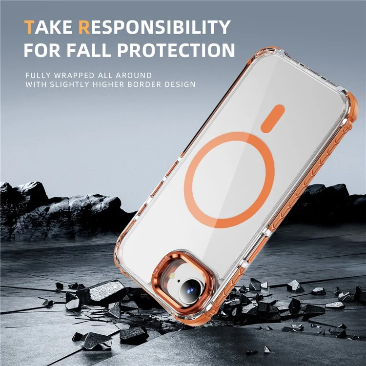 Étui de téléphone transparent pour iPhone 16e avec support d'objectif et compatible avec MagSafe - Orange