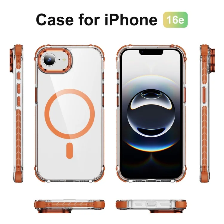 Étui de téléphone transparent pour iPhone 16e avec support d'objectif et compatible avec MagSafe - Orange
