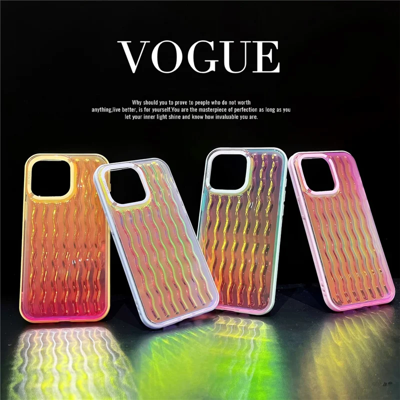 For iPhone 15 Pro Case Wavy Pattern Gradient Iridescent Design TPU + PC Phone Cover - Pink
