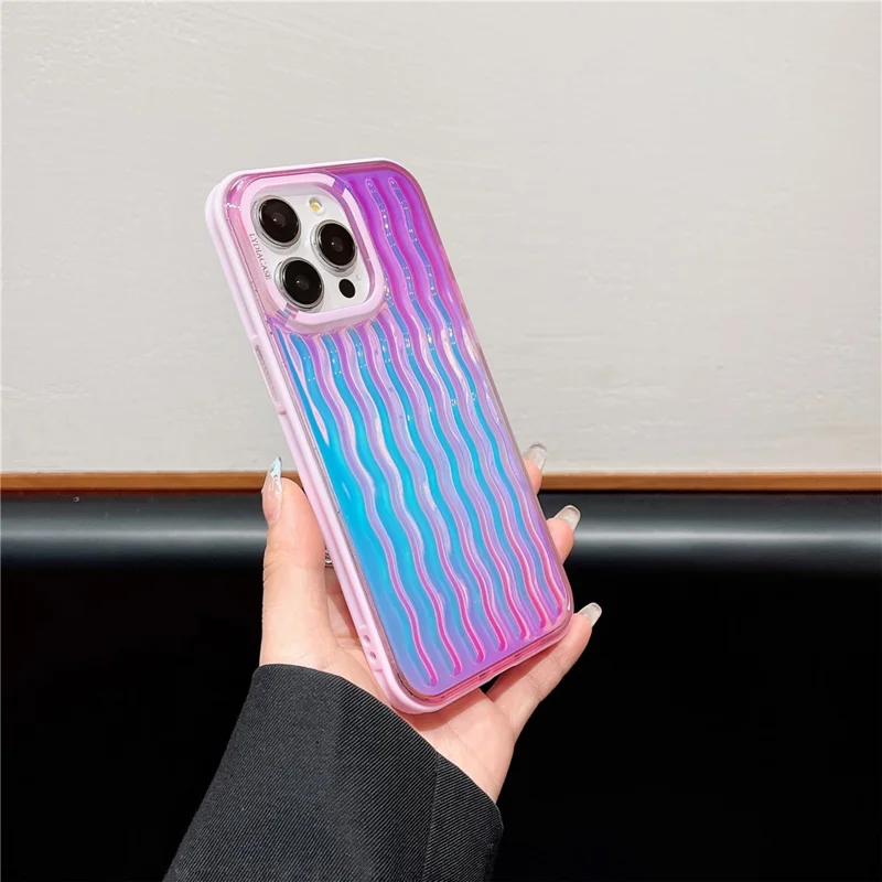 For iPhone 15 Pro Case Wavy Pattern Gradient Iridescent Design TPU + PC Phone Cover - Pink